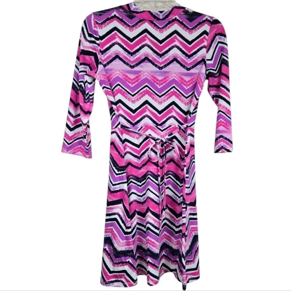 Justice Chevron Stripe Dress Girls 14/16 Pink Black Fit & Flare Jersey Knit XL